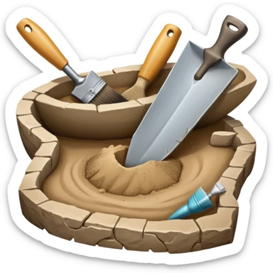 An icon showing an archaeologist’s tools: a trowel, brush, and a partially uncovered ancient artifact like a vase or tablet. The design includes a sandy excavation site with ruins in the background, symbolizing the discovery of past civilizations. Transparent background  sticker