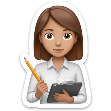 Intern or volunteer with brown hair holding a clipboard and pencil, ready to take notes or assist. The character wears a simple shirt and has an eager posture sticker