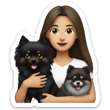 brown hair girl holding a black pomeranian and grey pomeranian  sticker