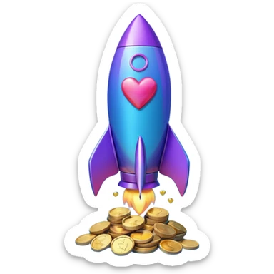 3D rocket with coins and hearts, purple blue gradient, glossy, transparent background sticker