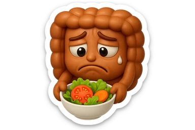 EMOJI STILE IPHONE DI UN INTESTINO UMANO ANATOMICO CHE GUARDA UN INSALATA CON ESPRESSIONE TRISTE E RASSEGNATA IN VOLTO: SOFFRE LA FAME PERCHé è A DIETA, FAGLI ANCHE LA PARTE BIANCA DEGLI OCCHI, NON SOLO LE PUPILLE, IPERREALISTICO 4K sticker