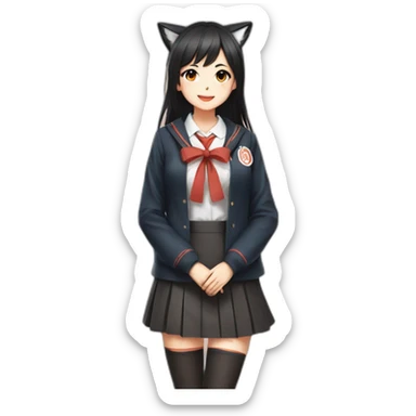 beautiful fox girl with black haired in Japanese school uniform Full length sticker
