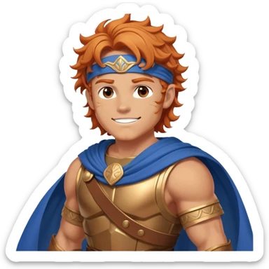 A muscular young hero with wavy orange hair and a determined smile. He wears a Greek-style brown tunic with a blue cape, bronze armor, and a headband. His stance is confident and heroic, exuding strength and courage sticker