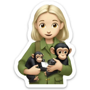 young Jane Goodall with binoculars and a baby chimpanzee sticker