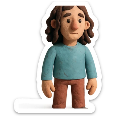 matte plasticine claymation style guy with long and curly hair with visible fingerprints and pastel colors sticker