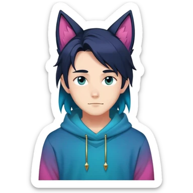 anime man with straight long dark-blueish-black-gradient hair, long black fox ears with pink Scapha, hazel-gradient-brown-turquoise eyes, gold earring hanging from fox ear, dark-blue-sweater sticker