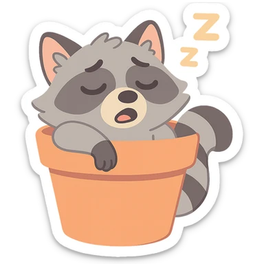 sleepy raccoon inside a flower pot, pastel earthy colors, pastel toon style sticker