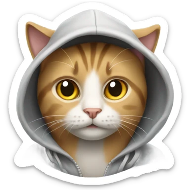 Cat wearing a hoodie and a baseball cap sticker