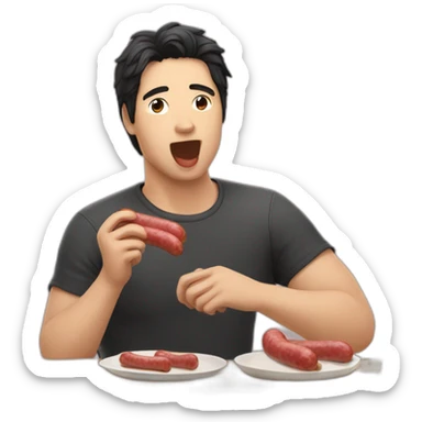 Kawai men with dark hair eating sausage sticker