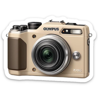 Minimalist beige Olympus Superzoom 70G camera, simplified clean design, basic rectangular shape with minimal details, just enough to identify as Olympus Superzoom 70G, flat style sticker