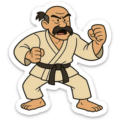 Master Hamma from Johnny Bravo, martial arts instructor with a mustache and karate uniform, cartoon style sticker