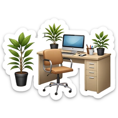 imagen de oficina con escritorio, silla, notebook, agenda y una plata con un cartel que diga FUERA DE OFICINA sticker