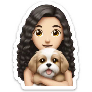 pale white girl with black hair holding light brown fluffy puppy sticker