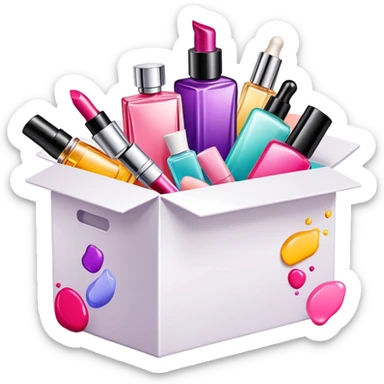 an opened box with colorful makeup, skincare bottles, and perfume spilling out sticker