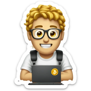 guy with bitcoin chain infront of a computer sticker
