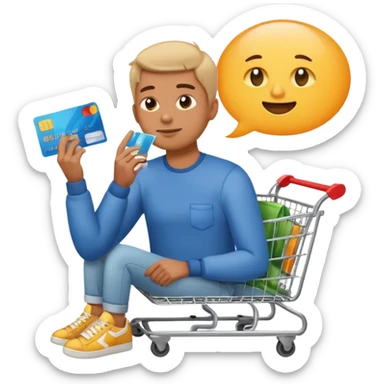 Emoji-style illustration of a person holding a credit card, hand on chin thinking. A thought bubble above the head showing clothes, sneakers, and a shopping cart, representing deciding whether to spend money. Clean, modern emoji style, bright colors, white or transparent background. sticker