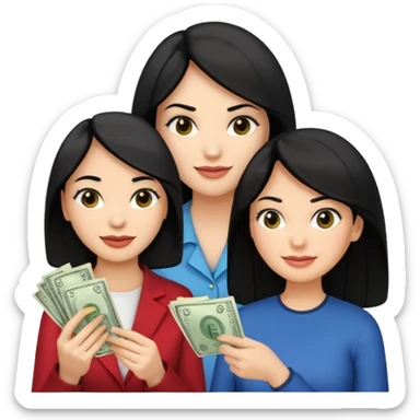 Chica cabello negro, en el marketing digital, que esté preocupada por facturas y otra que esté alegre de ganar dinero  sticker