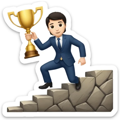 UN HOMBRE DE PIEL CLARA Y PELO OSCURO SUBIENDO ESCALERAS LARGAS PARA ALCANZAR UN TROFEO sticker