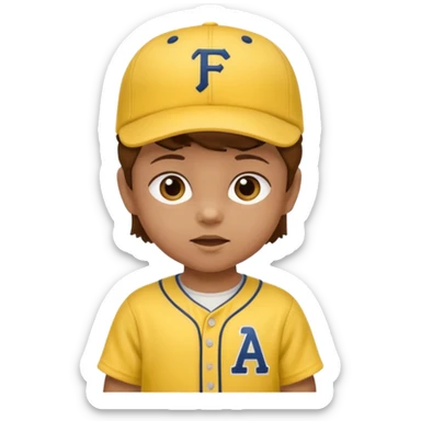 brown hair baby with yellow baseball jersey and hat sticker