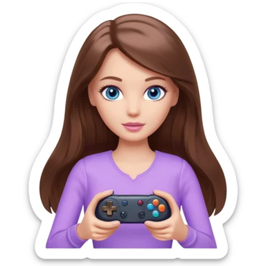beautiful barbie girl with long brown hair, blue eyes and wearing light purple clothes playing console games with controller sticker
