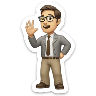 To belt Actively gesturing with hands 👌 Pale skinned fit man with dark brown hair in gray jacket, beige office shirt, brown tie, brown pants and vintage glasses. sticker