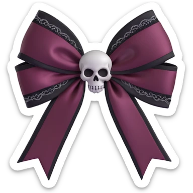 gothic bow, dark maroon satin, black lace trim, silver skull charm, moody and elegant sticker