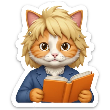 A male cat wearing a wig, holding a textbook sticker