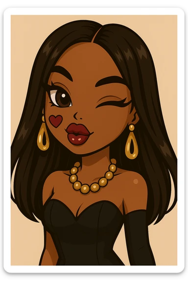 Headshot only of a 20-year-old anime Bratz style woman with dark skin and straight hair. She has a sassy attitude with a confident and playful expression. She wears glamorous evening wear, has big expressive eyes, and glossy lips. No hat, no tears. sticker