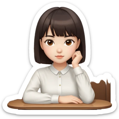 Cute East Asian girl, soft fair skin, big brown eyes, straight bangs, inward brown bob. Sitting at table, chin on hand, smirking coldly, wearing white blouse, side-eyeing with attitude. sticker