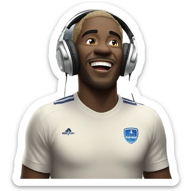 a white skin colour man is very happy because his favourite team has won a match he is wearing a headphone and standing in a ground behind him stadium is present sticker