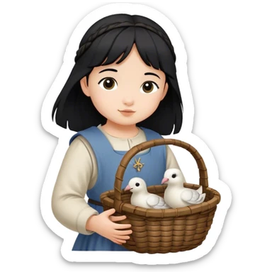 toddler girl with black hair carrying wicker basket with turtledoves, medieval age sticker