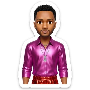 John Legend with black hair, fuchsia metallic shirt, red metallic baggy pants, silver necklace sticker