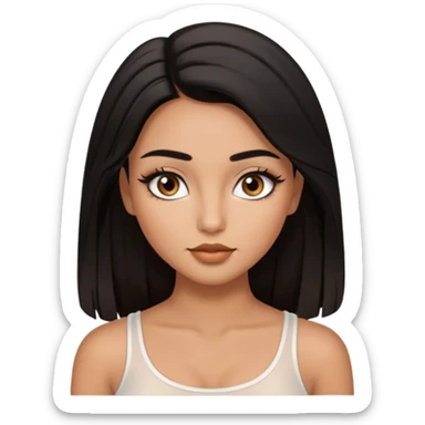 A girl, who has long black styled silk hair, tan skin. almond brown eyes that has black long lashes, small nose and full lips. and a bit of makeup like bronzer. and wearing a white tight top. long black lashes and medium arched brows. looks like a baddie. sticker