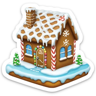 Gingerbread house with cute snowflakes on and dripping icing on to resemble snow and ice, with Windows and a door sticker