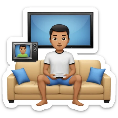 A man photographed from behind, sitting on a sofa and watching the news on TV on a modern flat screen. The setting is a living room. sticker