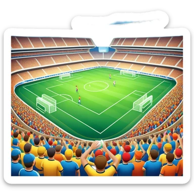An icon featuring a large stadium with a football match in progress, players in action on the field, and a cheering crowd in the stands. Bright floodlights illuminate the pitch, creating an intense atmosphere of competition. The transparent background highlights the thrill of live sports events. sticker