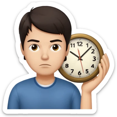 Create a hurried expression holding a clock sticker