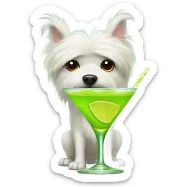 lime green fluffy dog with pointy ears and a martini sticker