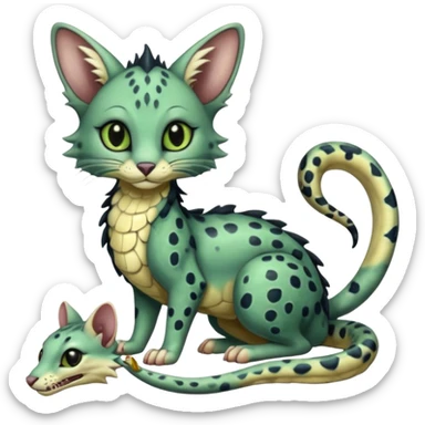 Realistic swampy greenish dark edgy spooky Flurry furry scary slimy oily glossy wet gloomy dusky scaly sergal-serval-possum-sphynx-Koi-sergal-fusion-animal-hybrid-creature with a snake-tail sticker