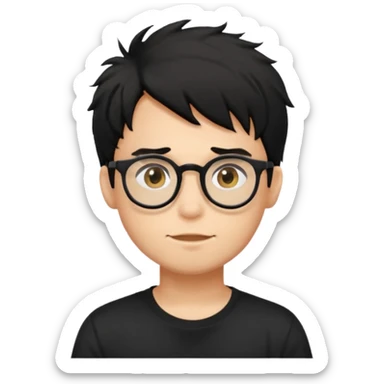 a light tan boy with messy a black hair and spectacles. wearing a black tshirt sticker
