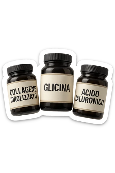 3 BARATTOLI DI INTEGRATORE CON LA SCRITTA: COLLAGENE IDROLIZZATO, GLICINA, ACIDO IALURONICO FLUTTUANO IN ARIA, IPERREALISTICA 4K sticker