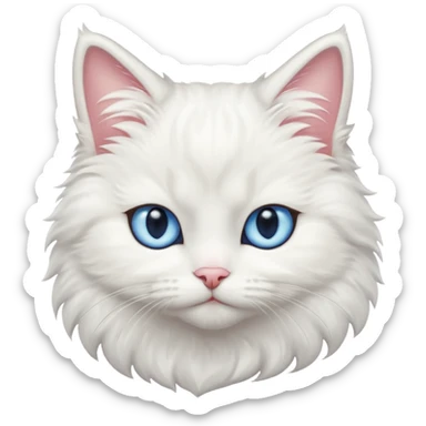 Make me a cute white fluffy cat with one blue eye and one yellow sticker