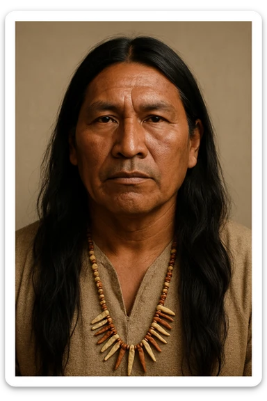 Native Indigenous man with long black hair and brown skin, respectful and dignified expression, traditional features, neutral background sticker