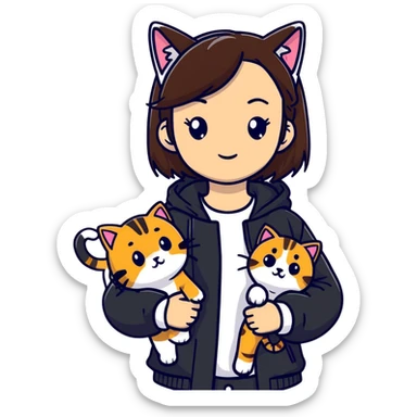 A brown straight-haired girl wearing black jacket with cats sticker