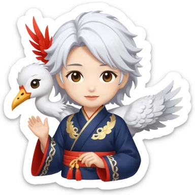 A cute chibi-style emoji of Xianyun (Cloud Retainer) from Genshin Impact, with her elegant crane-like features, fluffy white hair, and traditional Liyue attire. Add a playful or serene expression, maybe with a small cloud or mist effect around her to sticker