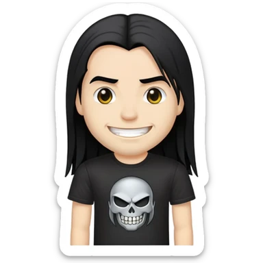 A heavy metal fan with long straight black hair, wearing a black heavy metal band t-shirt, with a smirky smile on face sticker