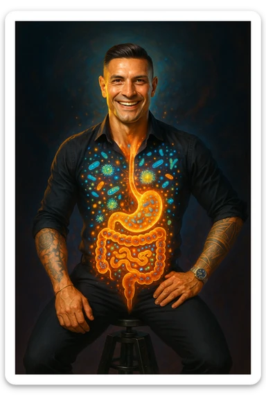 Radiant man with transparent digestive system showing diverse, thriving gut bacteria colonies in perfect balance, beneficial microorganisms glowing like constellation patterns throughout intestines, expression of optimal health and vitality, digestive tract functioning as harmonious ecosystem, immune system strengthened by microbial diversity, energy levels at peak performance sticker