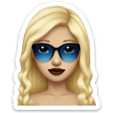 girl long blonde hair blue eyes black sunglasses that cover her eyes and cherry lipstick sticker