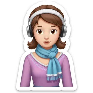 Victorian ice skater in a long dress. She is wearimg a scarf and earmuffs. She has brown hair. sticker