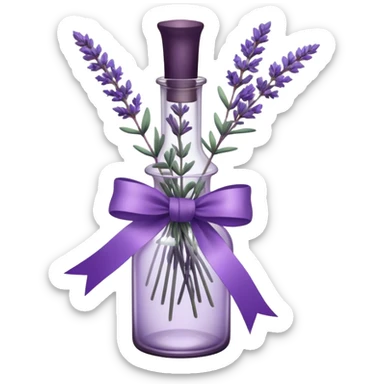 A vintage glass bottle, filled with delicate lavender stems in varying shades of soft lilac and deep aubergine, is adorned with a hand-dyed violet ribbon tied into a gentle bow. The light filters through the dusty glass, casting shadows of lavender sprigs onto the lace-covered surface, as if capturing a fleeting moment of serenity.






 sticker